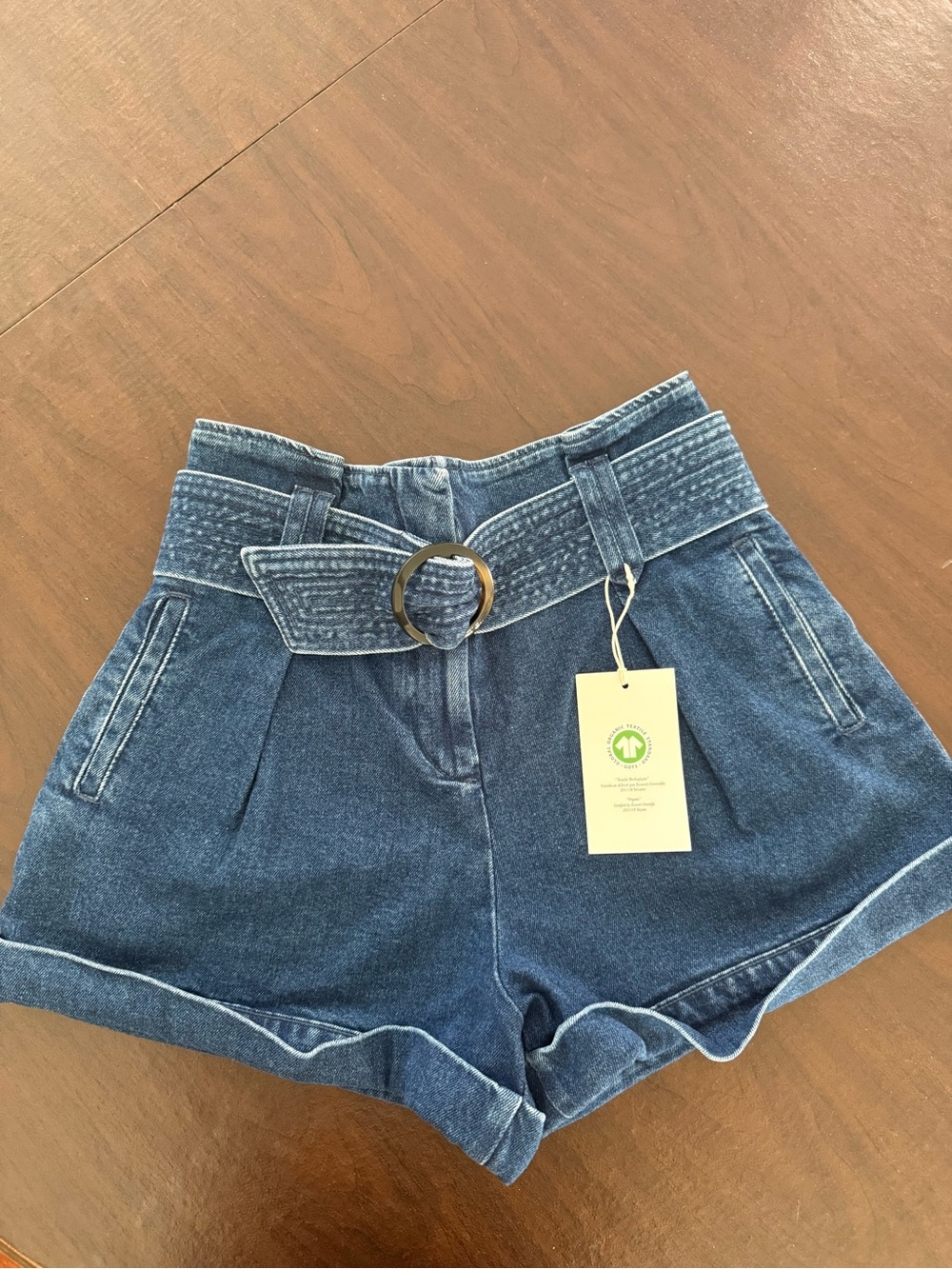 Sezane Rome High-Waist Paperbag Bleu Denim Shorts with Belt - Blue